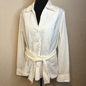 The J Peterman Company White Pleated Top 12 Tie Waist Button Shirt Blouse Quiet